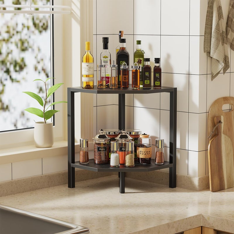 Creso hom Corner Shelf Stand, 2 Tier Industrial Corner Bookshelf, Multipurpose Standing Corner Display Shelf Countertop Organizer for Living Room Kitchen Bedroom Office, Black - Image 4
