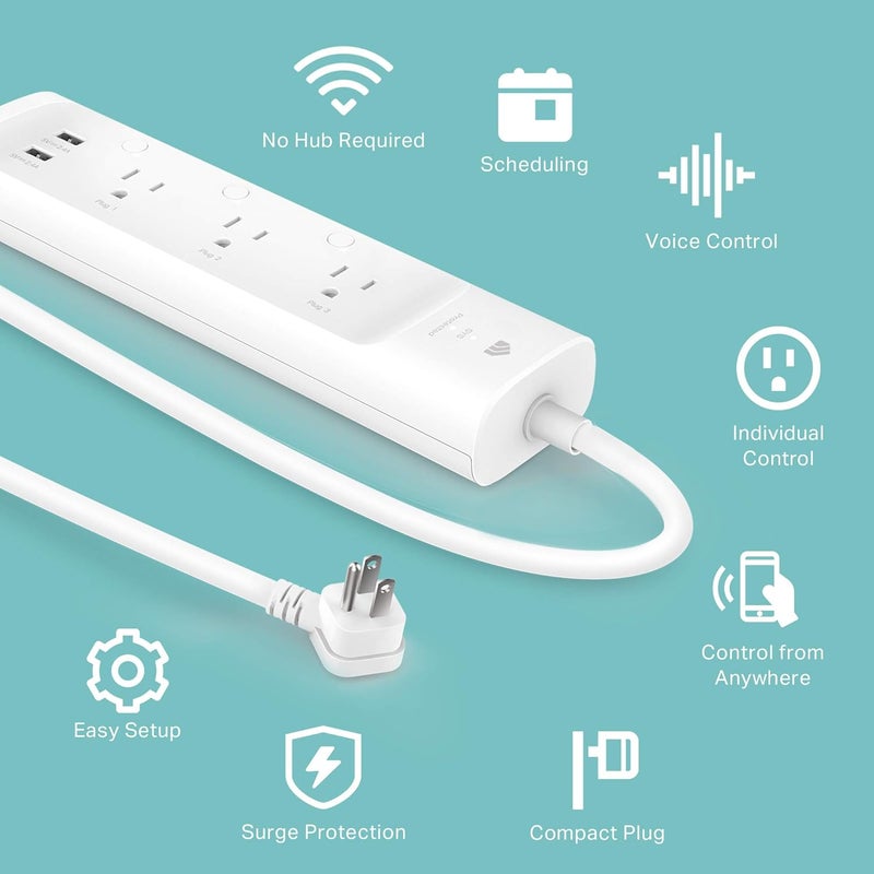 Kasa Smart موزع الطاقة Plug Power KP303، واقي من زيادة التيار مع 3 مآخذ ذكية قابلة للتحكم بشكل فردي و 2 منفذ USB، يعمل مع أليكسا و Google Home، بدون حاجة إلى محور، أبيض - Image 4