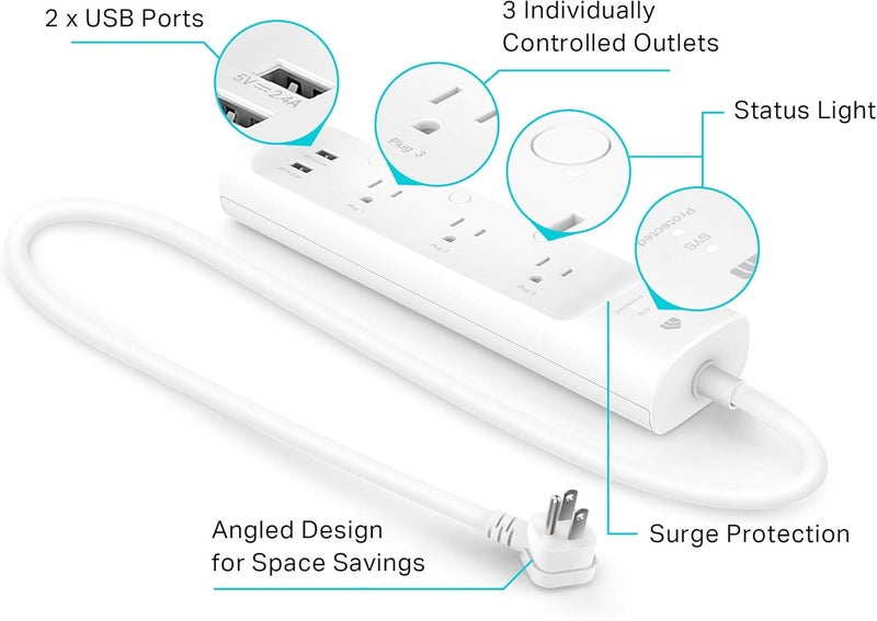 Kasa Smart موزع الطاقة Plug Power KP303، واقي من زيادة التيار مع 3 مآخذ ذكية قابلة للتحكم بشكل فردي و 2 منفذ USB، يعمل مع أليكسا و Google Home، بدون حاجة إلى محور، أبيض - Image 3