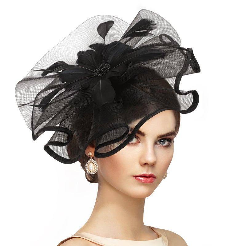 Zinniday Black Tea Party Headband - 1920s 50s Elegant Victoria Feather Derby Fascinators Flower Kentucky Hats Mesh 20s 50s Derby Hat Carnival Cocktail Headband for Women Halloween Costume - Image 1