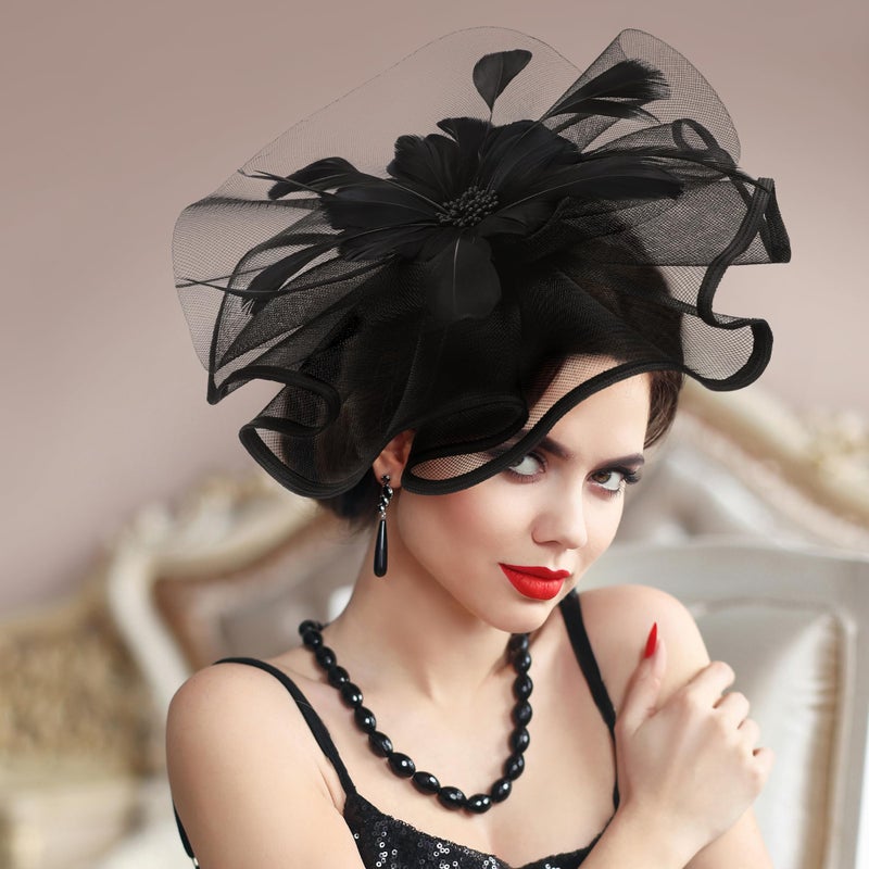 Zinniday Black Tea Party Headband - 1920s 50s Elegant Victoria Feather Derby Fascinators Flower Kentucky Hats Mesh 20s 50s Derby Hat Carnival Cocktail Headband for Women Halloween Costume - Image 3