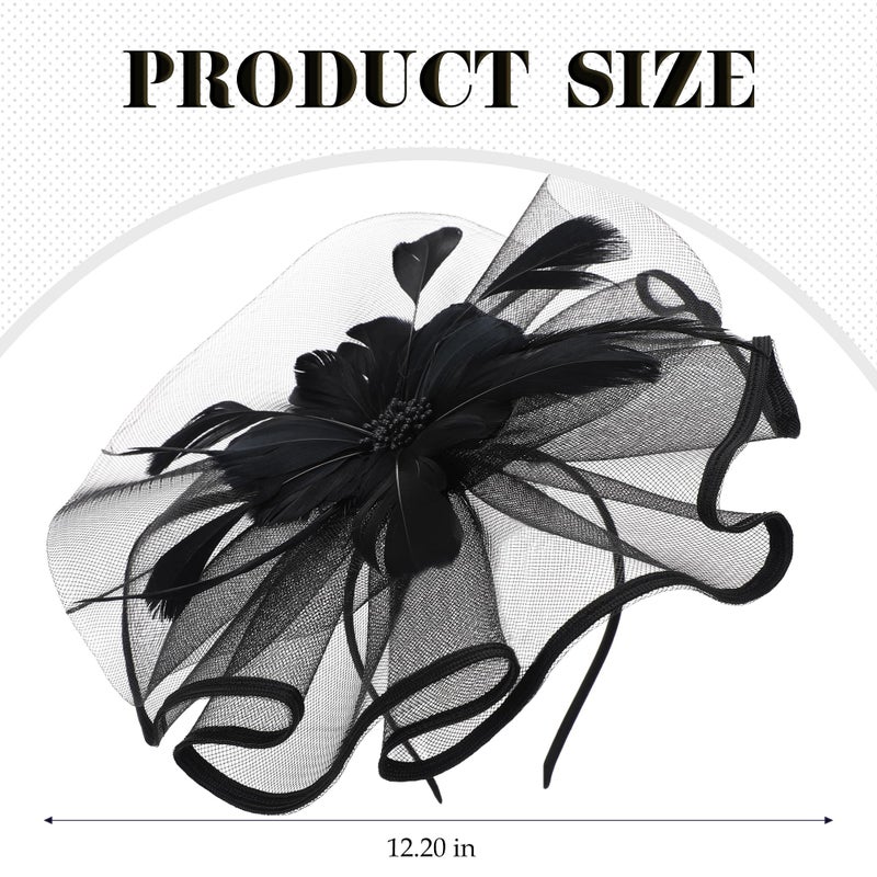 Zinniday Black Tea Party Headband - 1920s 50s Elegant Victoria Feather Derby Fascinators Flower Kentucky Hats Mesh 20s 50s Derby Hat Carnival Cocktail Headband for Women Halloween Costume - Image 2