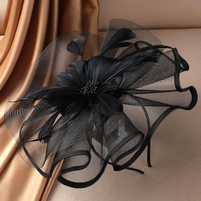 Zinniday Black Tea Party Headband - 1920s 50s Elegant Victoria Feather Derby Fascinators Flower Kentucky Hats Mesh 20s 50s Derby Hat Carnival Cocktail Headband for Women Halloween Costume - Image 4