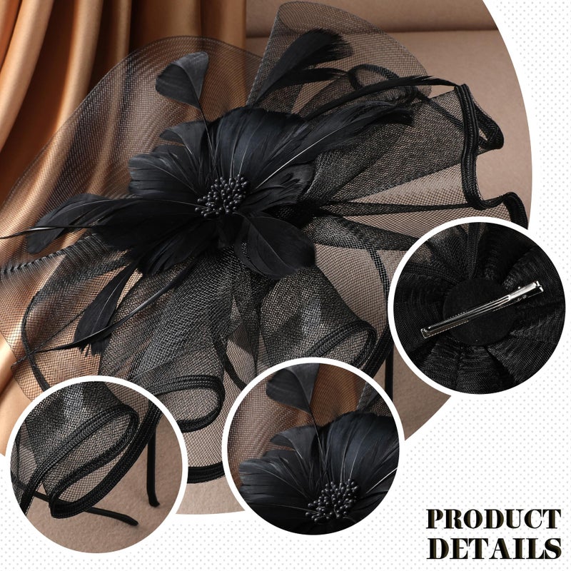 Zinniday Black Tea Party Headband - 1920s 50s Elegant Victoria Feather Derby Fascinators Flower Kentucky Hats Mesh 20s 50s Derby Hat Carnival Cocktail Headband for Women Halloween Costume - Image 5