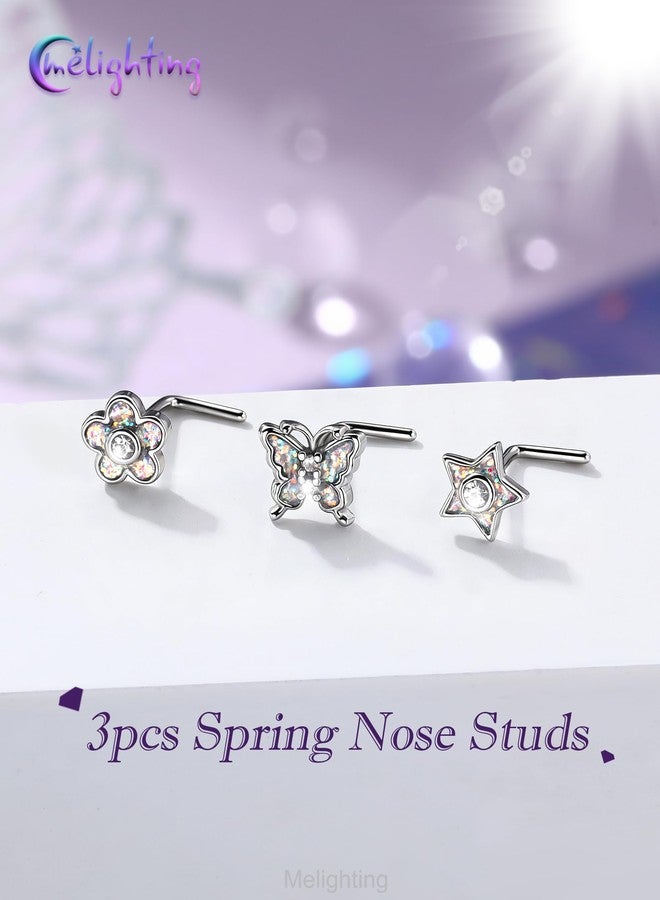 Melighting MeIighting 3PCS 20G Butterfly Nose Studs 316L Stainless Steel Flower Nose Rings L-Shaped Star Nostril Piercing 7mm Spring Body Jewelry for Women - Image 2