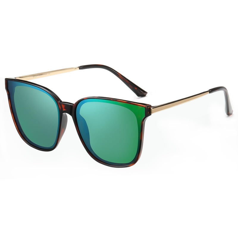 DUCO Oversized Polarized Sunglasses Womens Trendy Mirrored Shades Retro Round Vintage Light Weight UV400 Sun Glasses W016 (13- Tortoise Frame Revo Green Lens) - Image 1