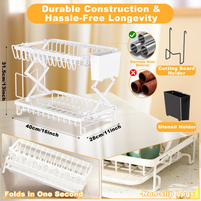 Deller 2-Tier Dish Racks for Kitchen Counter, Large Dish Drainers for Kitchens Counter Stainless Steel Kitchen Dishes Drying Rack, Space Saving Dishes Strainer for Bowl, Plate, Cup - Modern Counter Organizer - Image 3