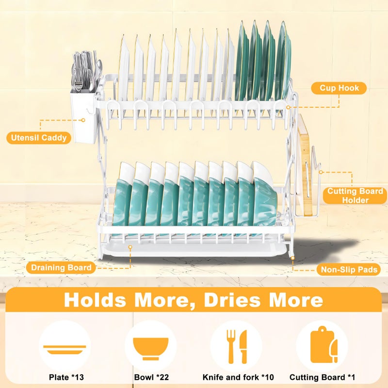 Deller 2-Tier Dish Racks for Kitchen Counter, Large Dish Drainers for Kitchens Counter Stainless Steel Kitchen Dishes Drying Rack, Space Saving Dishes Strainer for Bowl, Plate, Cup - Modern Counter Organizer - Image 2