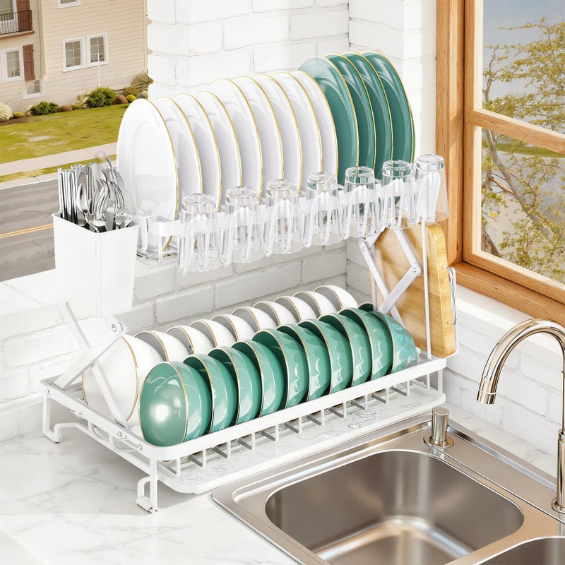 Deller 2-Tier Dish Racks for Kitchen Counter, Large Dish Drainers for Kitchens Counter Stainless Steel Kitchen Dishes Drying Rack, Space Saving Dishes Strainer for Bowl, Plate, Cup - Modern Counter Organizer - Image 1