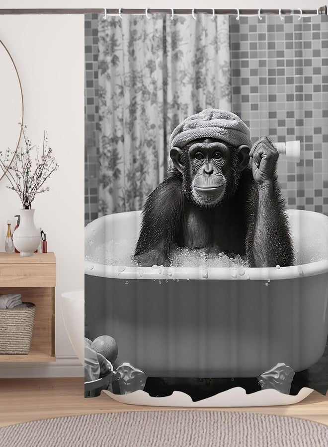 LKFBSC Funny Monkey Shower Curtain, Black and White Fun Chimpanzee Animal Bathroom Curtains, 72x72 Humorous Shower Curtain Set, Gray Wildlife Boys Men Modern Cool Bathroom Curtain - Image 1