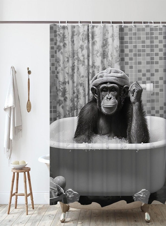 LKFBSC Funny Monkey Shower Curtain, Black and White Fun Chimpanzee Animal Bathroom Curtains, 72x72 Humorous Shower Curtain Set, Gray Wildlife Boys Men Modern Cool Bathroom Curtain - Image 3