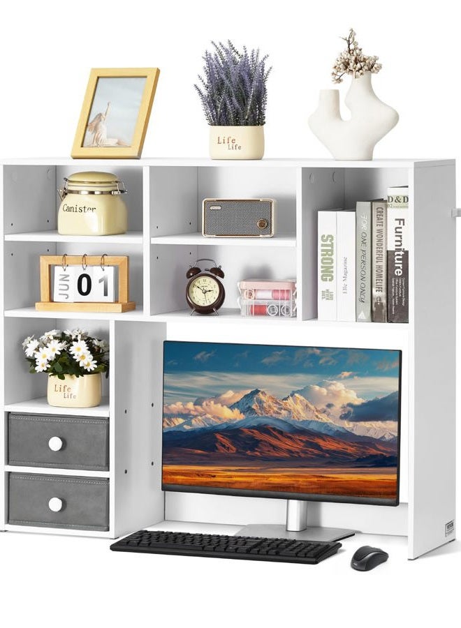 VEVOR Desktop Bookshelf, 3-Tier Desktop Storage Organizer, 37" x 10" x 31.1" Office Storage Rack Wood Display Shelf, Desktop Bookshelf Hutch with Two Fabric Drawers, for Office, Home & Dorm, White - Image 1