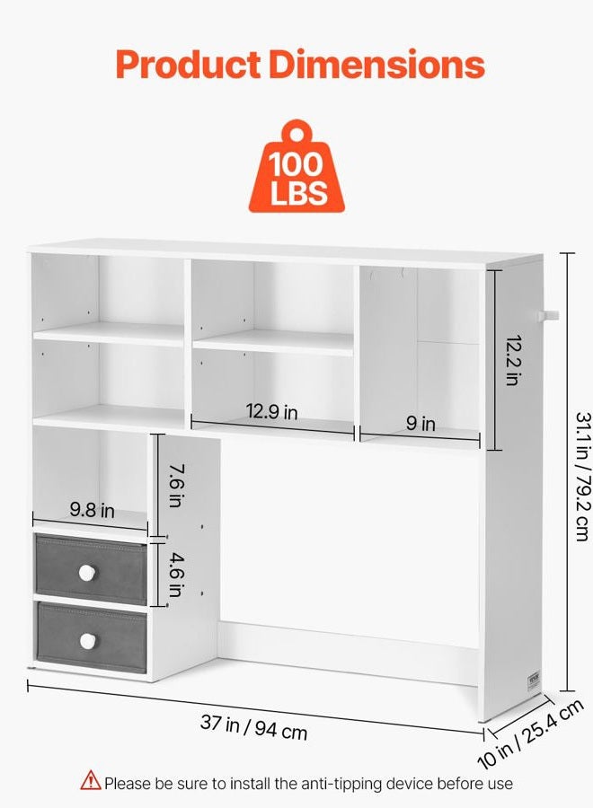 VEVOR Desktop Bookshelf, 3-Tier Desktop Storage Organizer, 37" x 10" x 31.1" Office Storage Rack Wood Display Shelf, Desktop Bookshelf Hutch with Two Fabric Drawers, for Office, Home & Dorm, White - Image 3