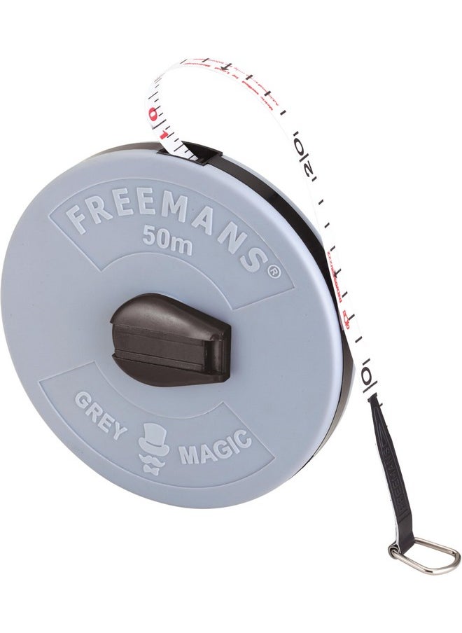 FREEMANS FREEMANS FM50 Grey Magic Fibreglass Measuring Tape - 50m /165ftWith Unbreakable ABS Case || Durable Winding Mechanism Handle and Steel End Hook || Grey Color  - Image 1