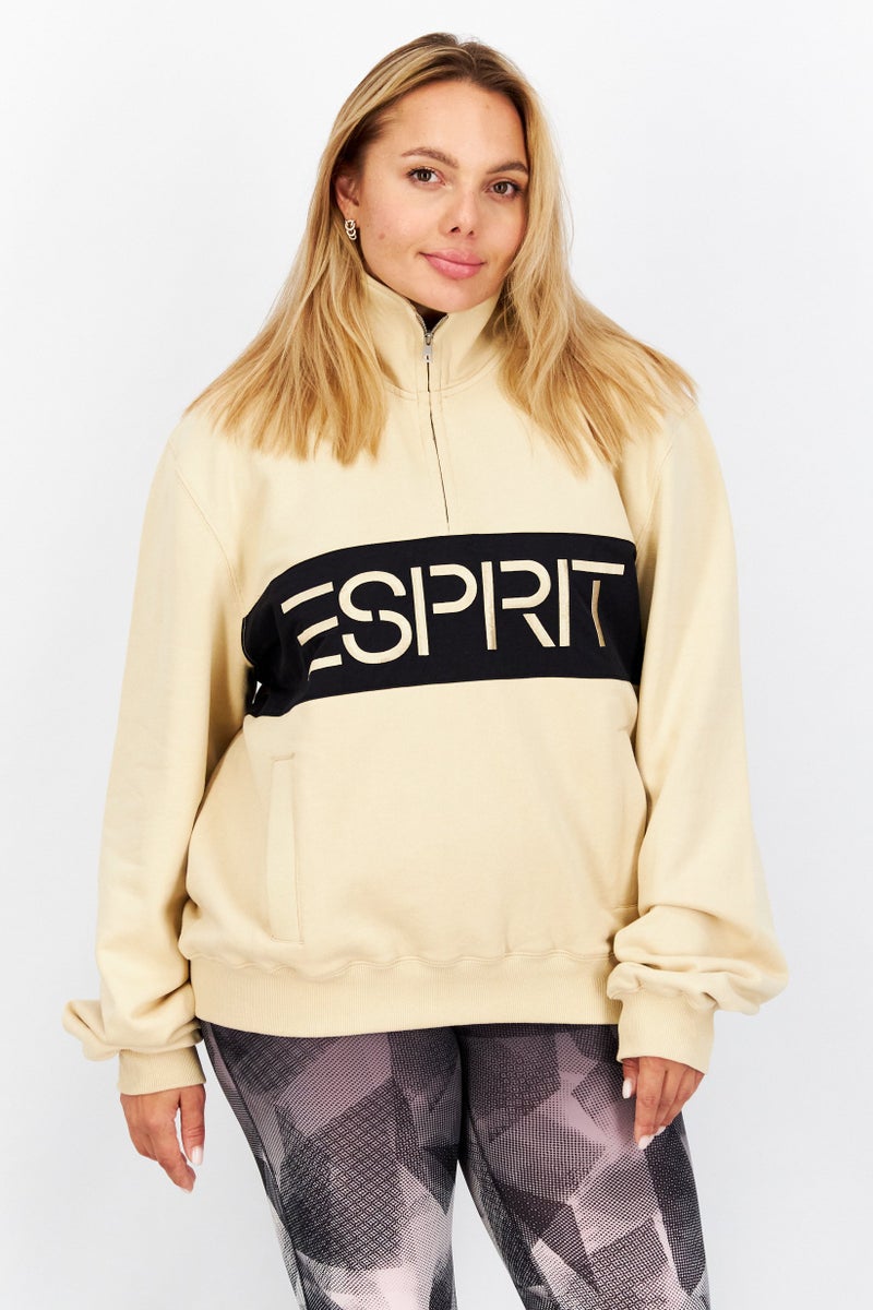 ESPRIT Women High Neck Brand Logo  Sweatshirt, Beige - Image 1