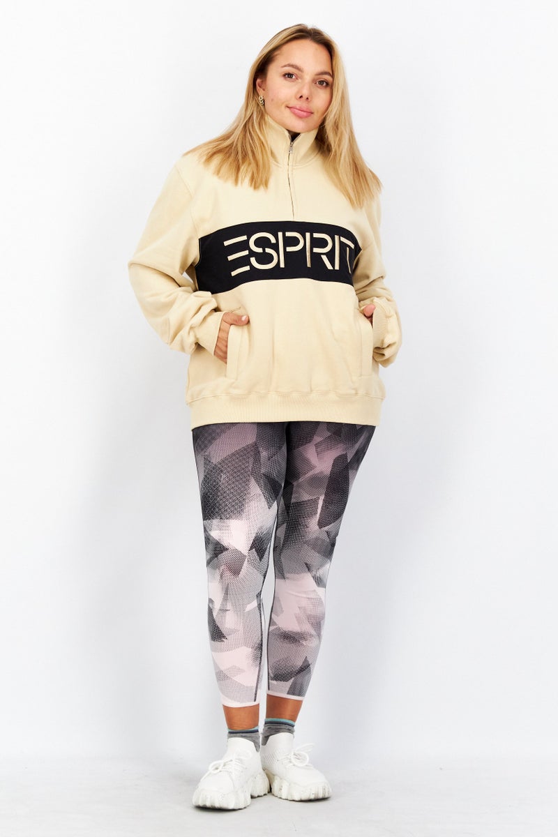 ESPRIT Women High Neck Brand Logo  Sweatshirt, Beige - Image 2