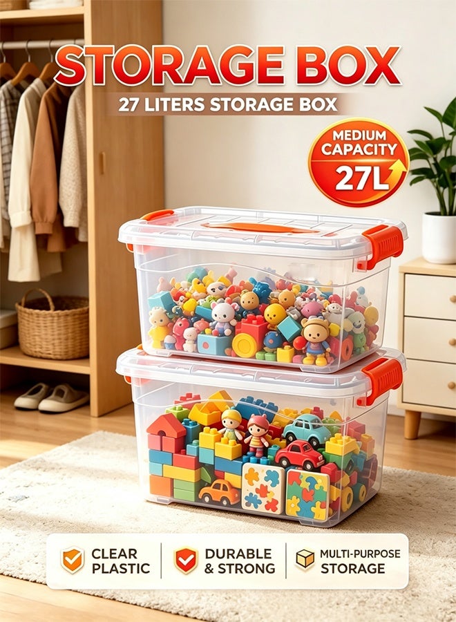 Transparent Storage Box with Lid, 27L Capacity Stackable Plastic Bin, Multi-Functional Containing Box for Home Organization, Kitchen, Wardrobe, Pantry & Office Supplies (27L×2 Pieces)