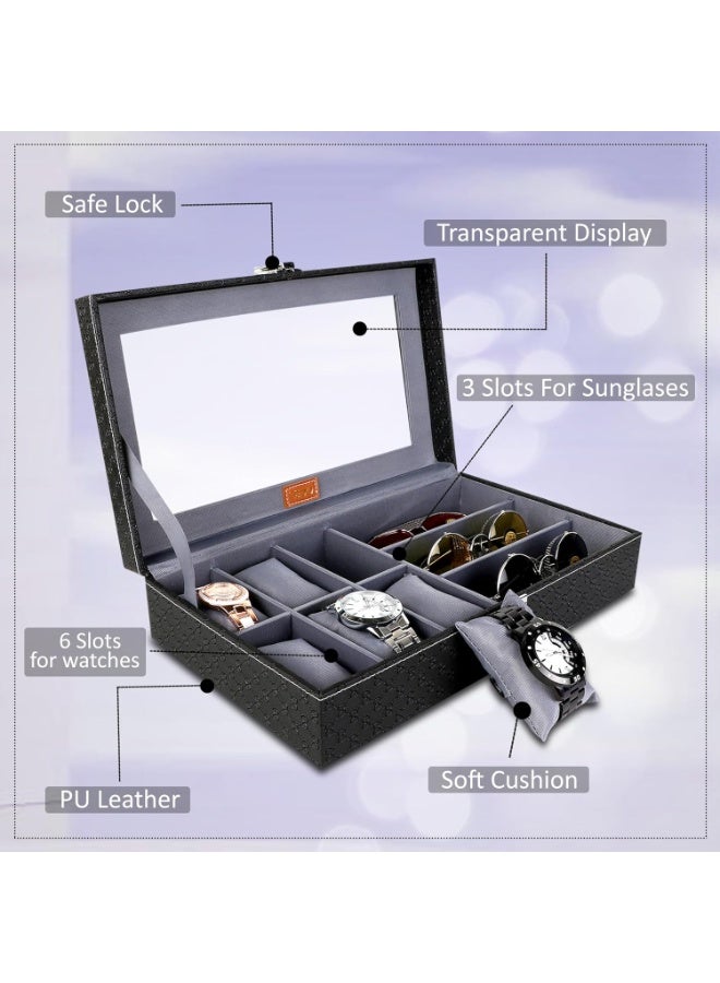 Watch Box and Sunglasses Organizer Case – 6 Slots Watch Storage & 3 Slots Sunglass Holder Premium Display Box Jewelry Organizer Black and Gray - Image 3