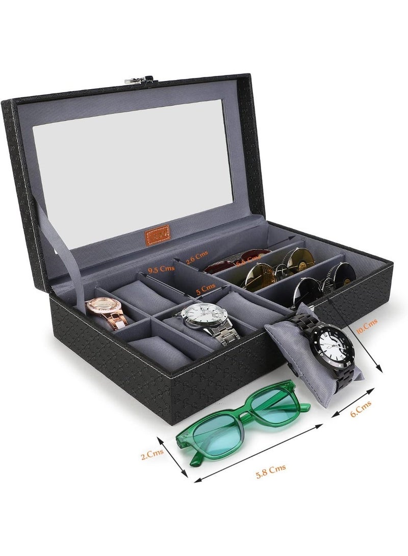 Watch Box and Sunglasses Organizer Case – 6 Slots Watch Storage & 3 Slots Sunglass Holder Premium Display Box Jewelry Organizer Black and Gray - Image 2