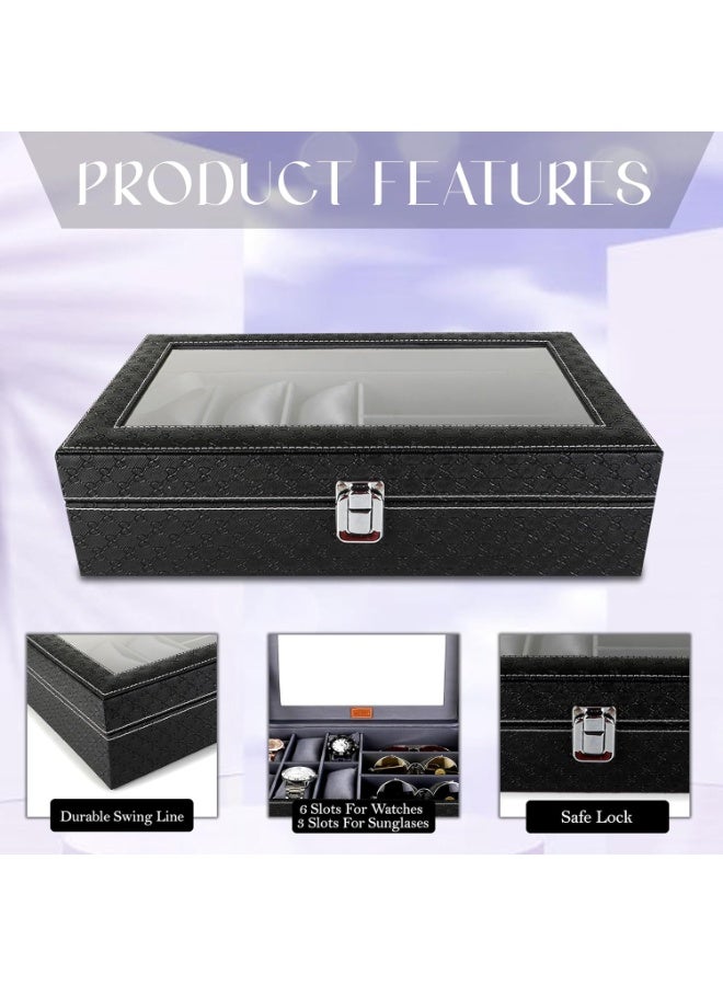 Watch Box and Sunglasses Organizer Case – 6 Slots Watch Storage & 3 Slots Sunglass Holder Premium Display Box Jewelry Organizer Black and Gray - Image 4
