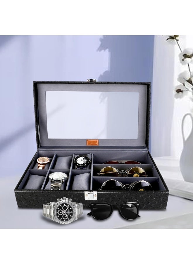 Watch Box and Sunglasses Organizer Case – 6 Slots Watch Storage & 3 Slots Sunglass Holder Premium Display Box Jewelry Organizer Black and Gray - Image 1