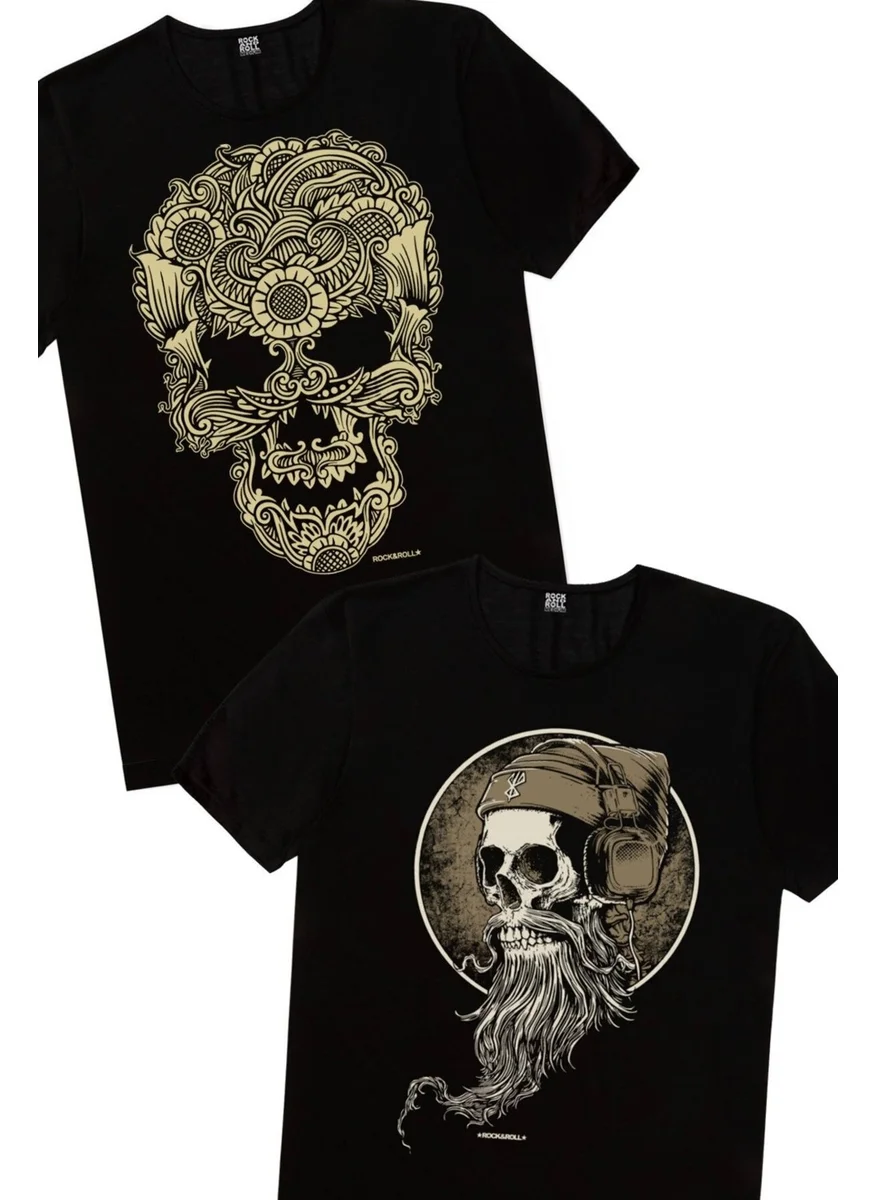 Rock&Roll Bearded Skull, Tattoo Skull Men's 2-Piece Eco Pack T-Shirt