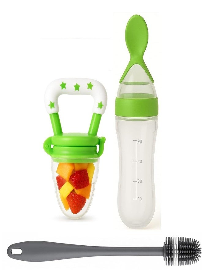 Joy Buzz Baby Food Dispensing Spoon Feeder Bottle 90ml and Fruit Feeder/Nibbler/Pacifier with Bottle Cleaning Brush Pack of 3 (Green) - Image 1