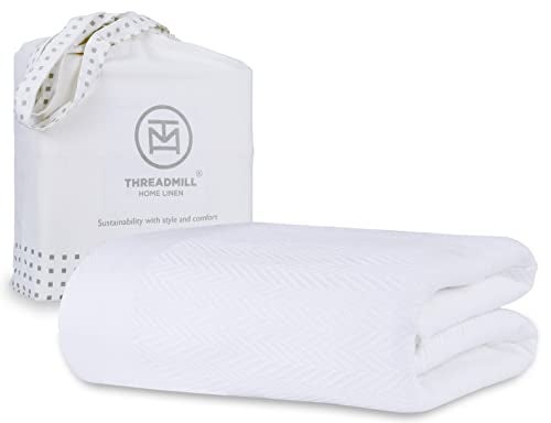 Threadmill Luxury Cotton Blankets for Twin Size Bed  AllSeason 100 Cotton Twin Blanket for Bed  Herringbone Soft  Cozy Fall Thermal Blanket 350GSM 68x92 inches  White