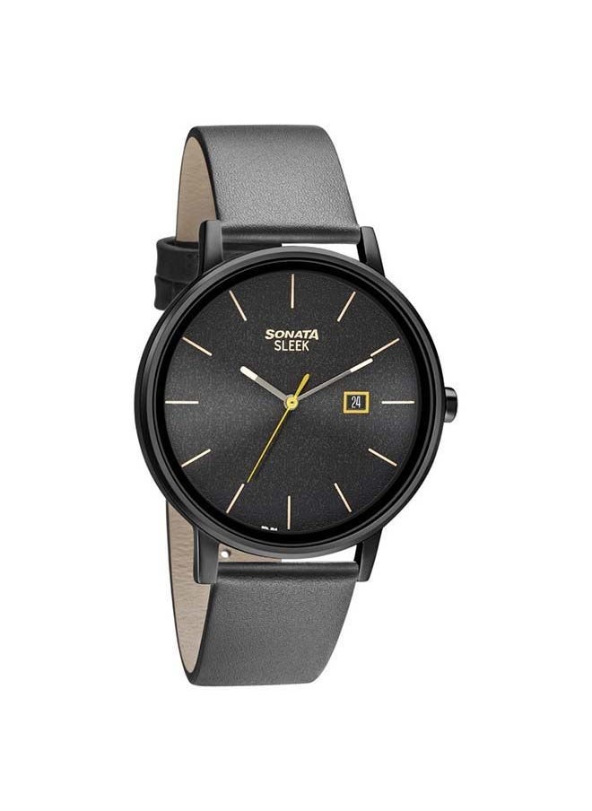 Sonata - Round Shape Leather Band Analog Wrist Watch 7131NL04 - 42 mm - Black - Image 1