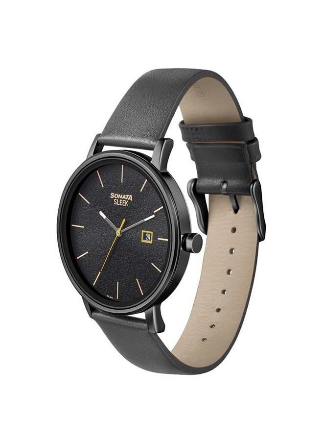 Sonata - Round Shape Leather Band Analog Wrist Watch 7131NL04 - 42 mm - Black - Image 1