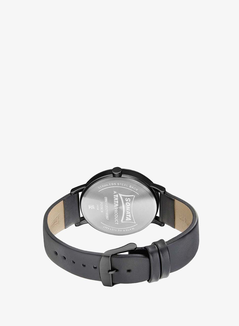 Sonata Round Shape Leather Band Analog Wrist Watch 7131NL04 - 42 mm - Black - Image 4