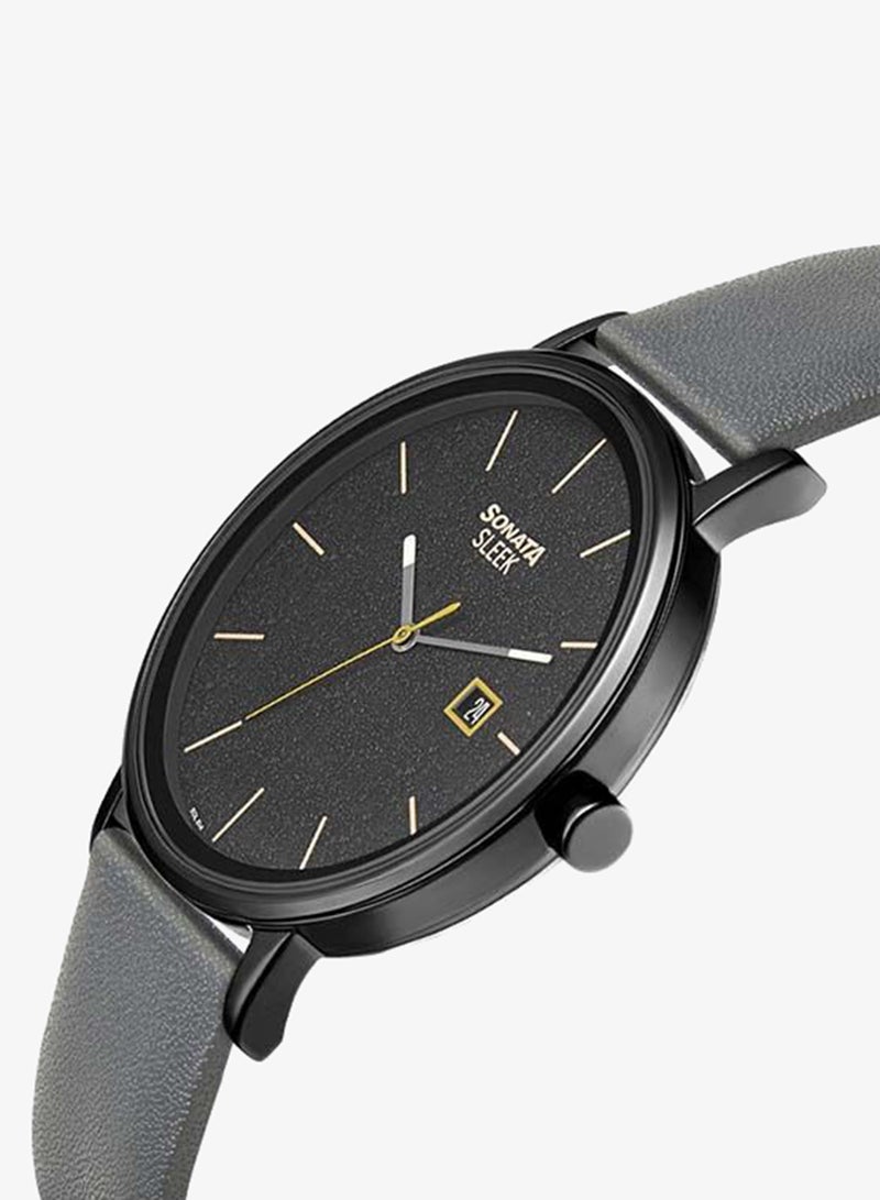 Sonata Round Shape Leather Band Analog Wrist Watch 7131NL04 - 42 mm - Black - Image 3