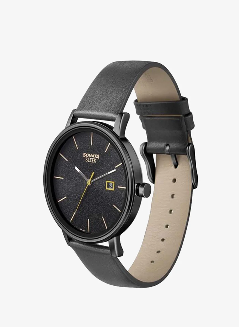 Sonata Round Shape Leather Band Analog Wrist Watch 7131NL04 - 42 mm - Black