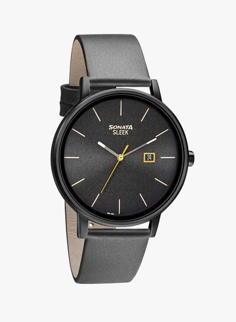 Sonata Round Shape Leather Band Analog Wrist Watch 7131NL04 - 42 mm - Black