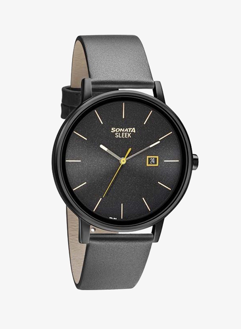 Sonata Round Shape Leather Band Analog Wrist Watch 7131NL04 - 42 mm - Black - Image 1