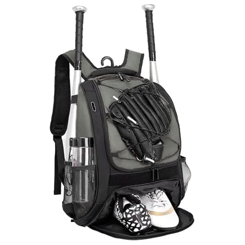 DAFISKY Baseball Bag Softball Backpack Youth Adult T Ball Bat Equipment Bag with Bat and Helmet Holders Shoe Compartment and Hook Gray - Image 1