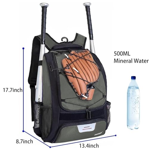 DAFISKY Baseball Bag Softball Backpack Youth Adult T Ball Bat Equipment Bag with Bat and Helmet Holders Shoe Compartment and Hook Gray - Image 3