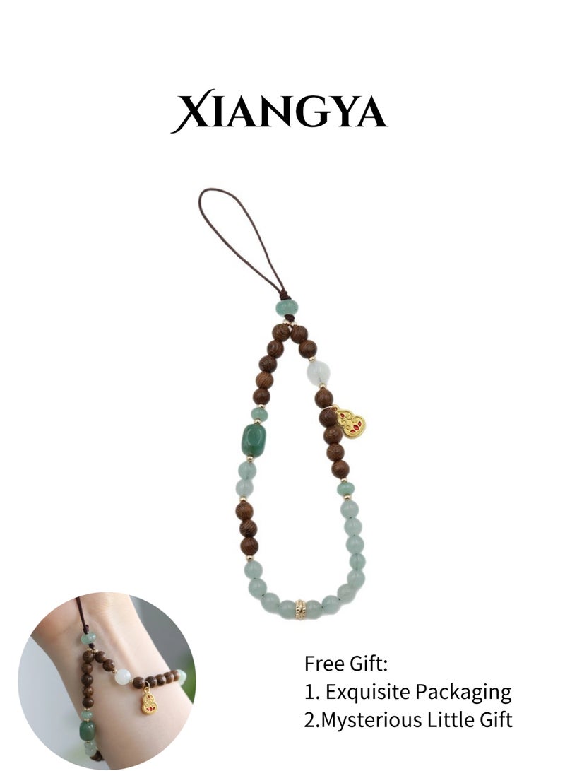 XIANGYA Natural Wood & Jade Phone Lanyard – Green Aventurine Beads Phone Strap, Gold-Plated Pendant Phone Charms, Multi-Purpose Phone Chain & Bag Charms Mobile Accessories - Image 1