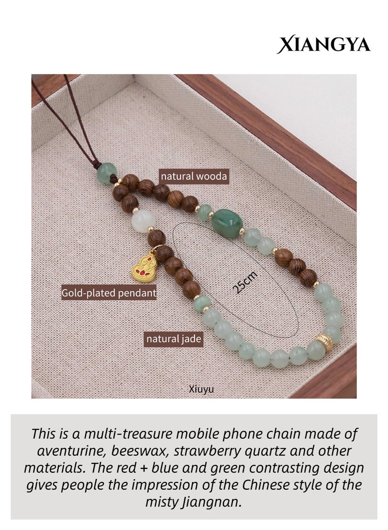 XIANGYA Natural Wood & Jade Phone Lanyard – Green Aventurine Beads Phone Strap, Gold-Plated Pendant Phone Charms, Multi-Purpose Phone Chain & Bag Charms Mobile Accessories - Image 3