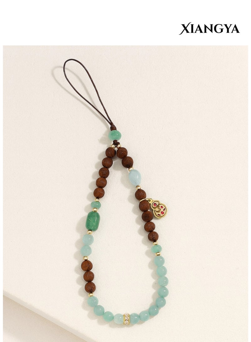 XIANGYA Natural Wood & Jade Phone Lanyard – Green Aventurine Beads Phone Strap, Gold-Plated Pendant Phone Charms, Multi-Purpose Phone Chain & Bag Charms Mobile Accessories - Image 2