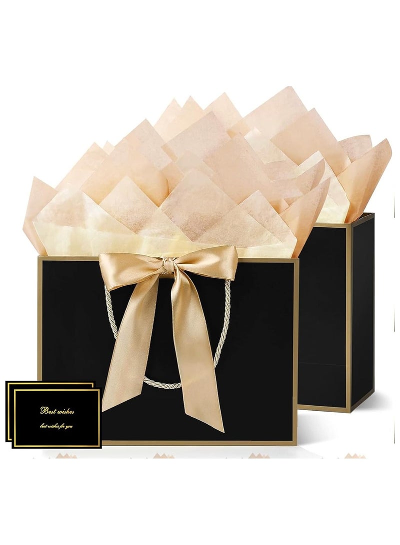 DELGREEN 2 Pcs Black Large Gift Bags, Paper Bags with Ribbon, Greeting Cards and Tissue Paper, Portable Party Bags with Handles, Birthday Gift Bags, Present Bags for Wedding Party, Party Supplies - Image 1