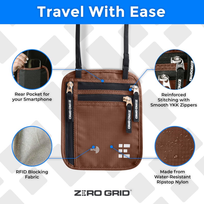 Zero Grid محفظة عنق للسفر وحامل جواز السفر مع حجب RFID - حقيبة سفر نحيفة وسهلة الإخفاء من النايلون للرجال والنساء - تحمل الهاتف والنقود والبطاقات والمفاتيح - مقاومة للعرق والماء - كبيرة - موكا - Image 4