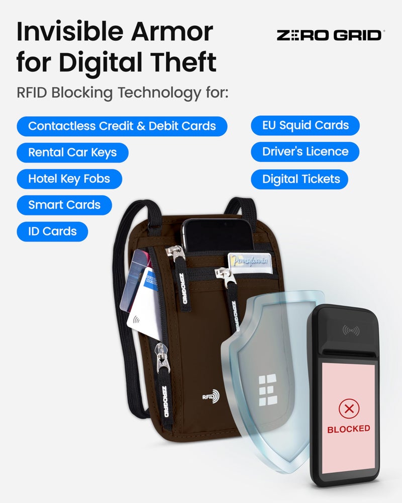 Zero Grid محفظة عنق للسفر وحامل جواز السفر مع حجب RFID - حقيبة سفر نحيفة وسهلة الإخفاء من النايلون للرجال والنساء - تحمل الهاتف والنقود والبطاقات والمفاتيح - مقاومة للعرق والماء - كبيرة - موكا - Image 5