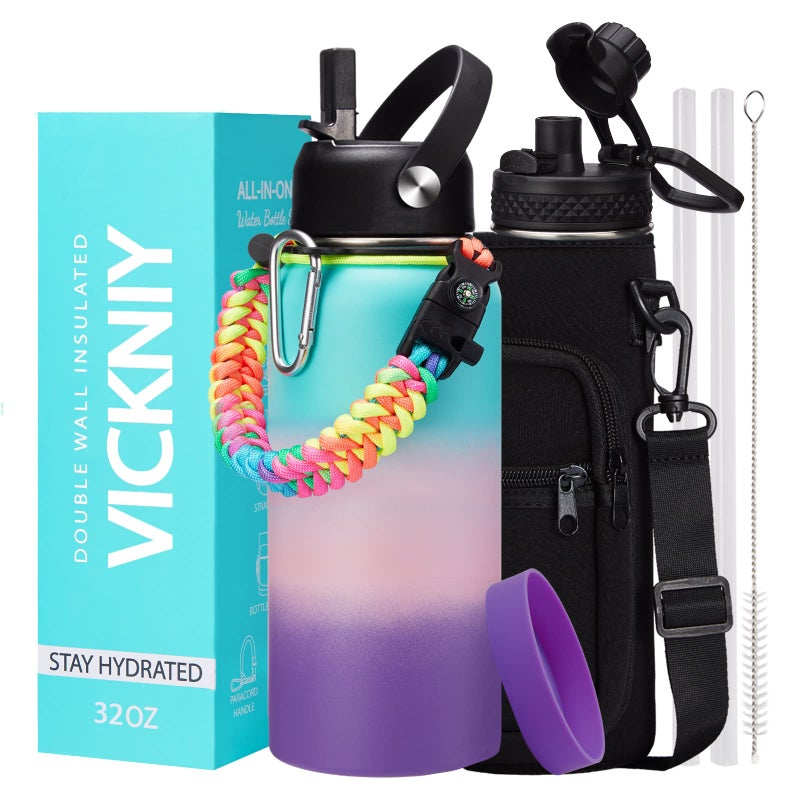 32 40/64/128 oz Flask Water Bottles Insulated - with Straw Auto Spout Lid  Water Bottle Stainless Steel Keep Cold 48H Hot 24H  Metal Water Bottle with Strap  Paracord Handle  Protective Boot