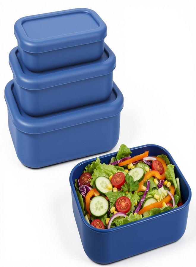 PercyEffie 3-Pack Silicone Lunch Box Food Containers Storage Box Rectangular Bento with Lids Airtight Leak-Proof Microwave Dishwasher & Freezer Safe 10.2oz 23.6oz 44oz Dark Blue - Image 1
