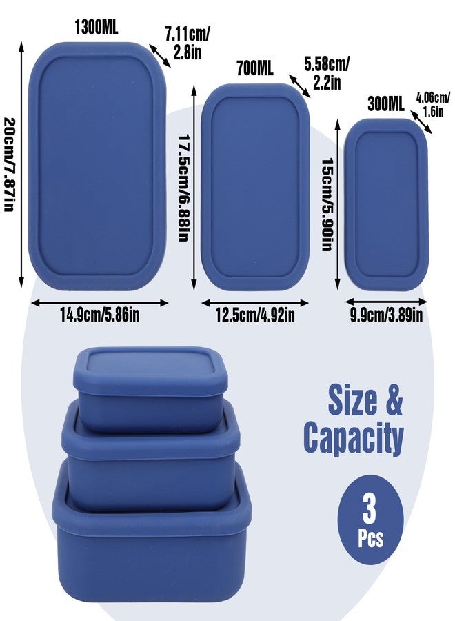 PercyEffie 3-Pack Silicone Lunch Box Food Containers Storage Box Rectangular Bento with Lids Airtight Leak-Proof Microwave Dishwasher & Freezer Safe 10.2oz 23.6oz 44oz Dark Blue - Image 2