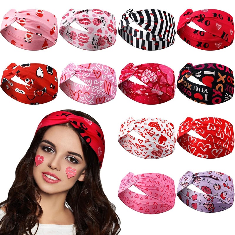 MTLEE 12 Pieces Valentines Day Heart Headbands Pink Hearts Floral Head Wrap Non Slip Head Wraps Elastic Headbands Wide Hair Bands Hair Accessories for Women Love Pattern