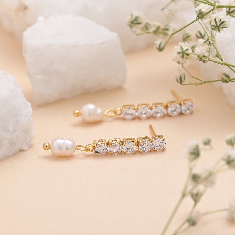 PALMONAS 18k Gold Tone Plated Pearl Drop Diamond Earrings
 for Women - Image 2