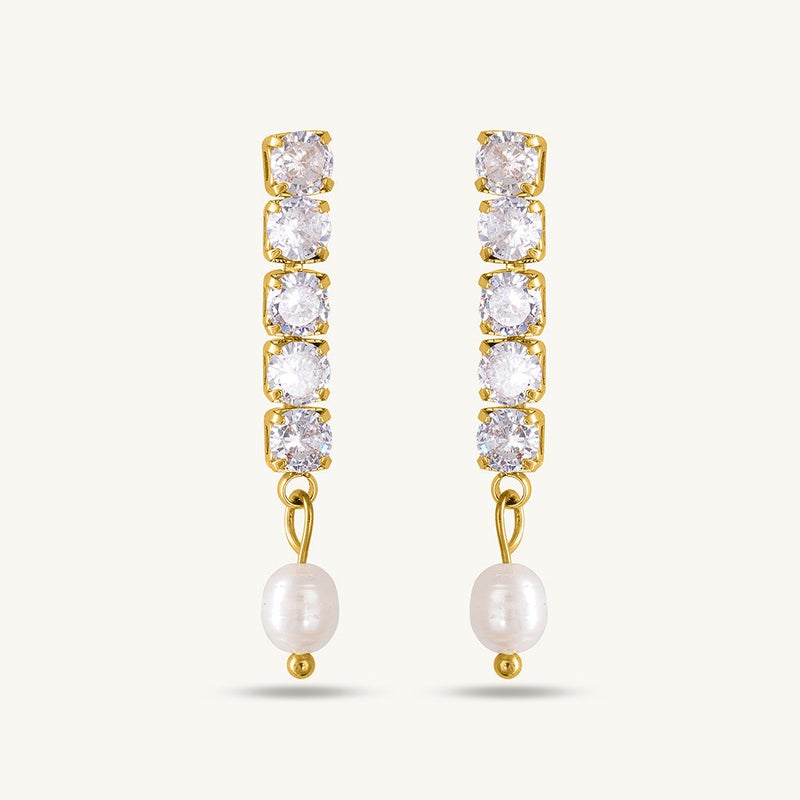 PALMONAS 18k Gold Tone Plated Pearl Drop Diamond Earrings
 for Women - Image 1