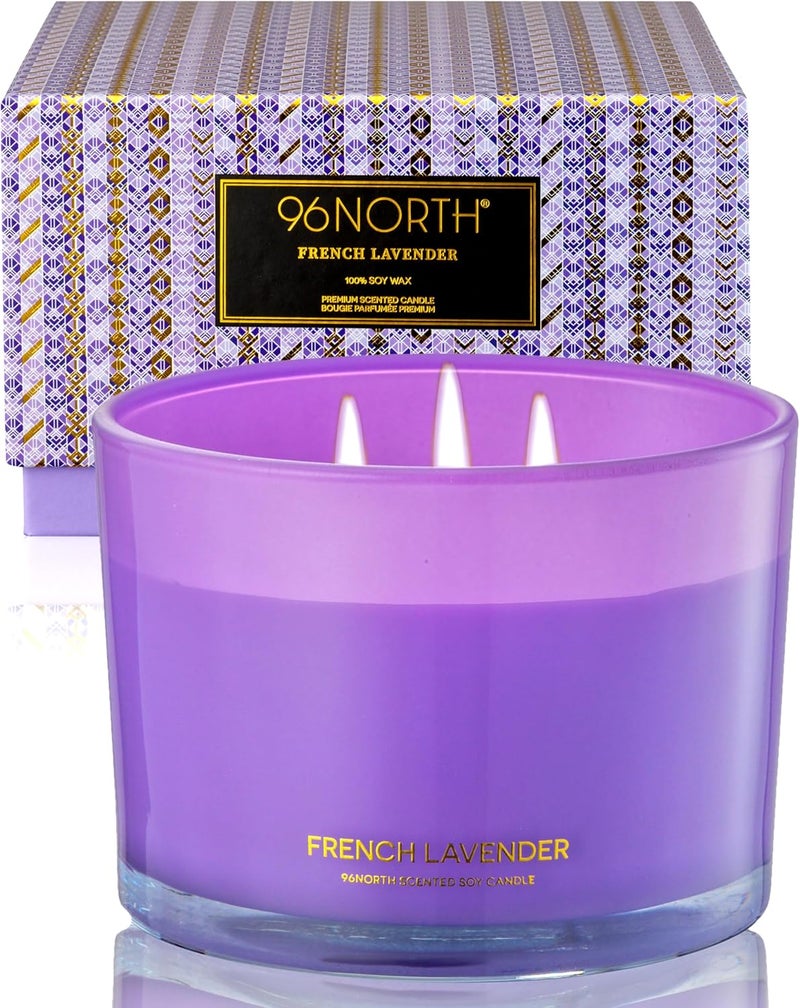 96NORTH Luxury Lavender Soy Candle | Large 3 Wick Jar Candle | Up to 40 Hours Burning Time | 100% Natural Soy Wax | Relaxing Aromatherapy Aesthetic Candle | Housewarming Gift for Women and Men - Image 1